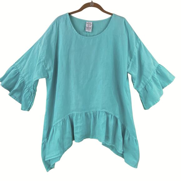 Match Point 100% Linen Ruffle Blouse Size M Turquoise Summer Beach - Picture 1 of 6